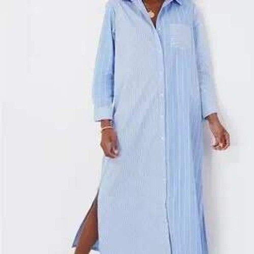 POMANDER PLACE Cassie Striped Button Front Maxi Shirt Dress Blue White Size M